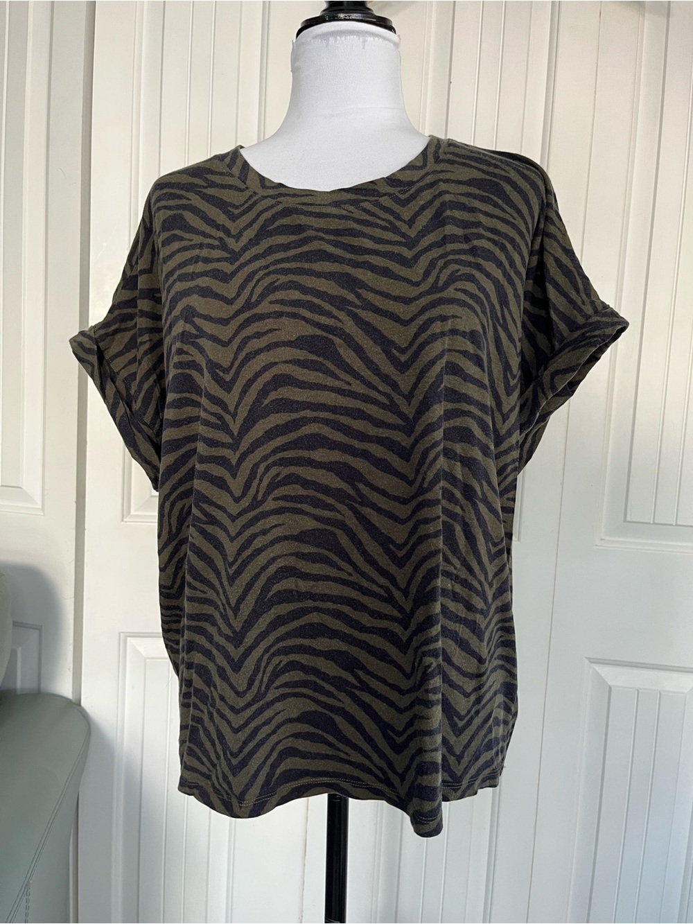 Banana Republic, Olive Green Zebra Print Short Sleeve Top